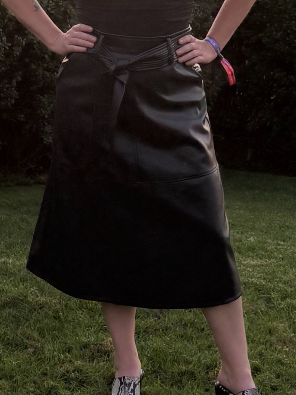 Black Midi Leather Skirt with Front Tie Waist